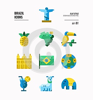 Brazil icon set 1. Include map, Brazil landmark, animal, football and more.