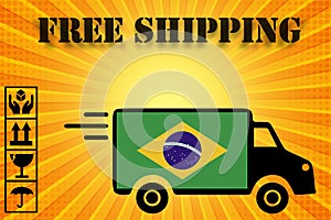 Brazil Logistics Concept. black Commercial Industrial Cargo Delivery Van Truck Loaded with Cardboard Box with Free Shipping Sign