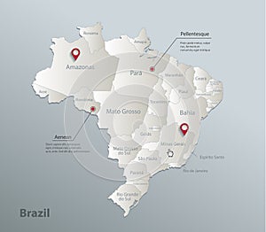 Brazil map, administrative division with names, blue white card paper 3D