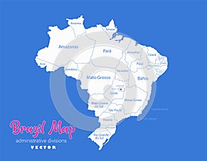 Brazil map, administrative divisions whit names regions, blue background