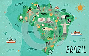 Brazil map hand drawn vector illustration. South America country cultural symbols, tourist attractions. Fauna and flora