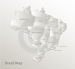 Brazil map, individual regions with names, card paper 3D natural photo