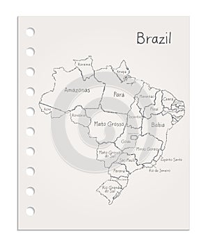 Brazil map on realistic clean sheet of paper torn from block