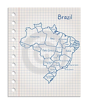 Brazil map on a realistic squared sheet of paper torn from a block