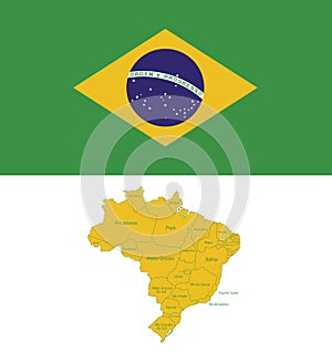 Brazil map with region states with Brazil flag