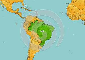 Brazil map showing country highlighted in green color with rest of South America countries in brown