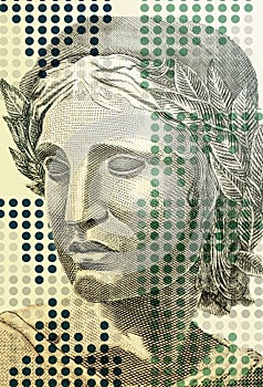 Brazil money bills, brazilian real, stock exchange image with money texture and lines indicating rise and fall, investment or loss photo
