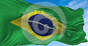Brazil national flag waving on a clear day, seamless animation and slow motion perfect loop, close up view, 4K video
