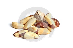 Brazil nuts isolated on white background. Brazil nut group, ripe and delicious