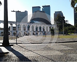 Brazil Rio de Janeiro Downtown Arcos da Lapa Aqueduct Cityscape Buildings Trees