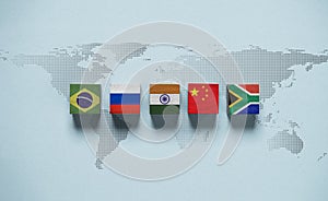 Brazil Russia India China and South Africa flag on world map for BRICS economic business international cooperation concept