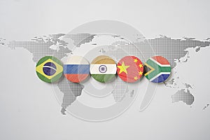 Brazil Russia India China and South Africa flag on world map for BRICS economic international cooperation concept