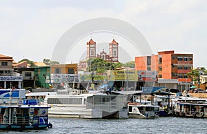 Brazil, Santarem: Waterfront - Boats, Shops, Church
