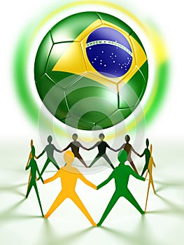 Brazil soccer ball and human chain in green and yellow