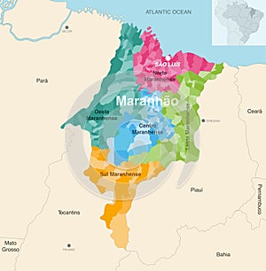 Brazil state Maranhao administrative map showing municipalities colored by state regions mesoregions