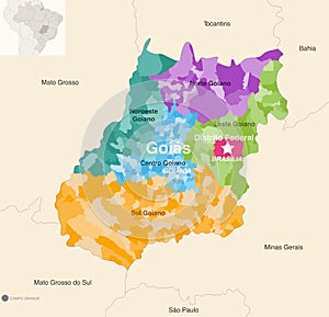 Brazil states Goias and Distrito Federal administrative map showing municipalities colored by state regions mesoregions photo