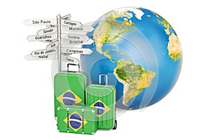 Brazil travel concept. Suitcases with Brazilian flag, signpost a