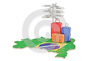 Brazil travel concept. Suitcases with signpost on Brazilian map, 3D rendering