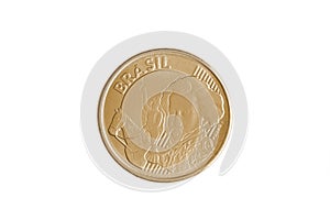 Brazilian `10 centavos de Real` 2021 coin anverse on white background - high magnification
