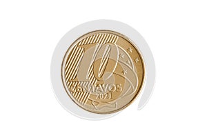 Brazilian `10 centavos de Real` 2021 coin reverse on white background - high magnification