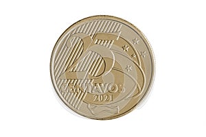 Brazilian `25 centavos de Real` 2021 coin reverse on white background - high magnification