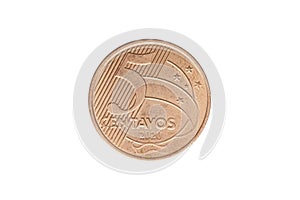 Brazilian 5 centavos de Real 2020 coin on white background - high magnification