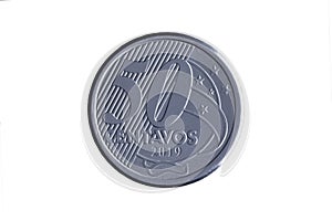 Brazilian `50 centavos de Real` 2019 coin reverse on white background - high magnification