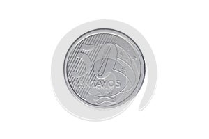 Brazilian 50 Real cents coin 2020 on white background