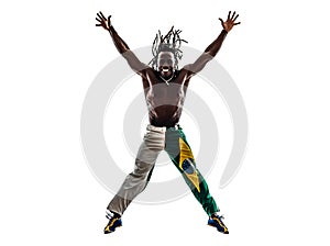 Brazilian black man jumping arms outstretched silhouette