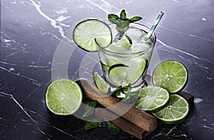 Brazilian Caipirinha, typical Brazilian cocktail made with lemon, cachaca and sugar. Traditional brazil drink, isolated with copy