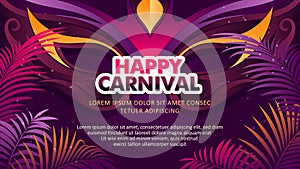 brazilian carnival flyer template with golden, dark purple mask and palm leaves design