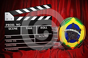 Brazilian cinematography, film industry, cinema in Brazil. Clapperboard with and film reels on the red fabric, 3D rendering