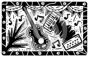 Brazilian cordel style woodcut illustration. Party concept. Musical instruments, flags and notes photo