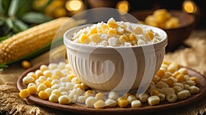 Brazilian dessert sweet canjica of white corn with pacoca sweet. Brazilian winter sweet of Junina festival party.