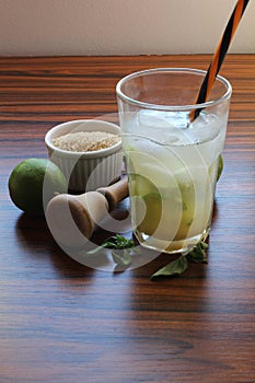 Brazilian drink. Caipirinha cocktail, traditional drink made with lemon, sugar and cachaÃ§a