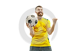 Brazilian fan celebrating on white background