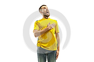 Brazilian fan celebrating on white background