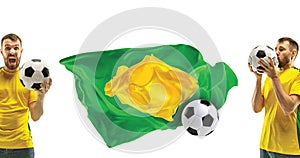 Brazilian fan celebrating on white background. The young man in soccer football uniform with ball standing at white