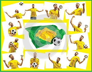 Brazilian fan celebrating on white background. The young man in soccer football uniform with ball standing at white