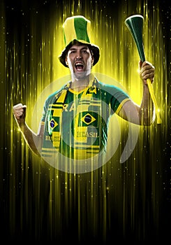 Brazilian fan, celebrating on a yellow and black backgroun