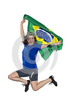 Brazilian female fan, jumping with flag.