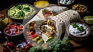 Brazilian festa junina food - taco, nachos, burrito on dark wooden table, top view