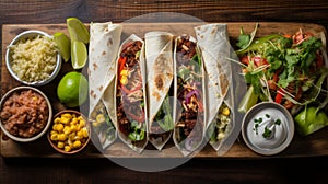 Brazilian festa junina food - taco, nachos, burrito on dark wooden table, top view