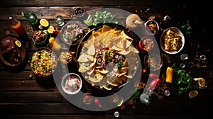 Brazilian Festa Junina mexican food - tacos, nachos, and burritos on wooden table