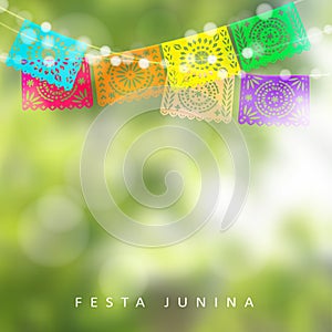 Brazilian Festa Junina or Midsummer greeting card, invitation. Garden party decoration, string of lights, paper flags