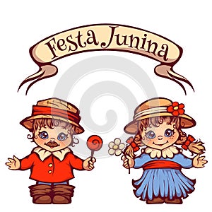 Brazilian Festa Junina Party girl and boy with ribbon banner. Vector illustration