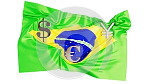 Brazilian Flag Intertwined with International Currency Symbols on Silk Texture