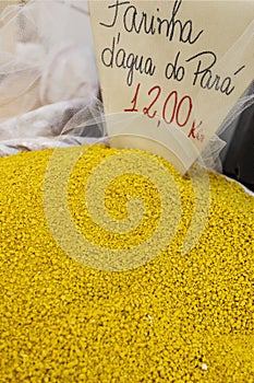 Brazilian flour for sale. It is the main ingredient in farofa, one of the most popular dishes in Brazil that is made from roasted photo