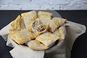 Brazilian food. Pastel, pastry in English, typical dish from the open markets of southeastern Brazil,