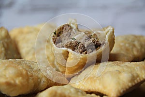 Brazilian food. Pastel, pastry in English, typical dish from the open markets of southeastern Brazil,